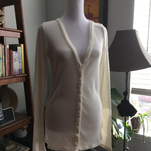 REBECCA TAYLOR Ribbed Pima Cotton Cardigan V-Neck in Oat Size Medium New - Picture 4 of 10